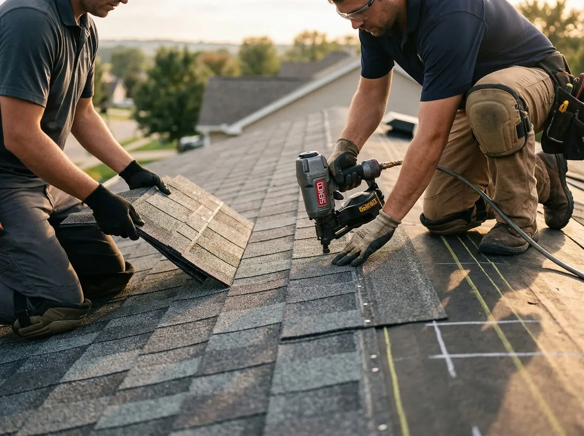 Professional roofer working on a residential roof in Tyngsborough